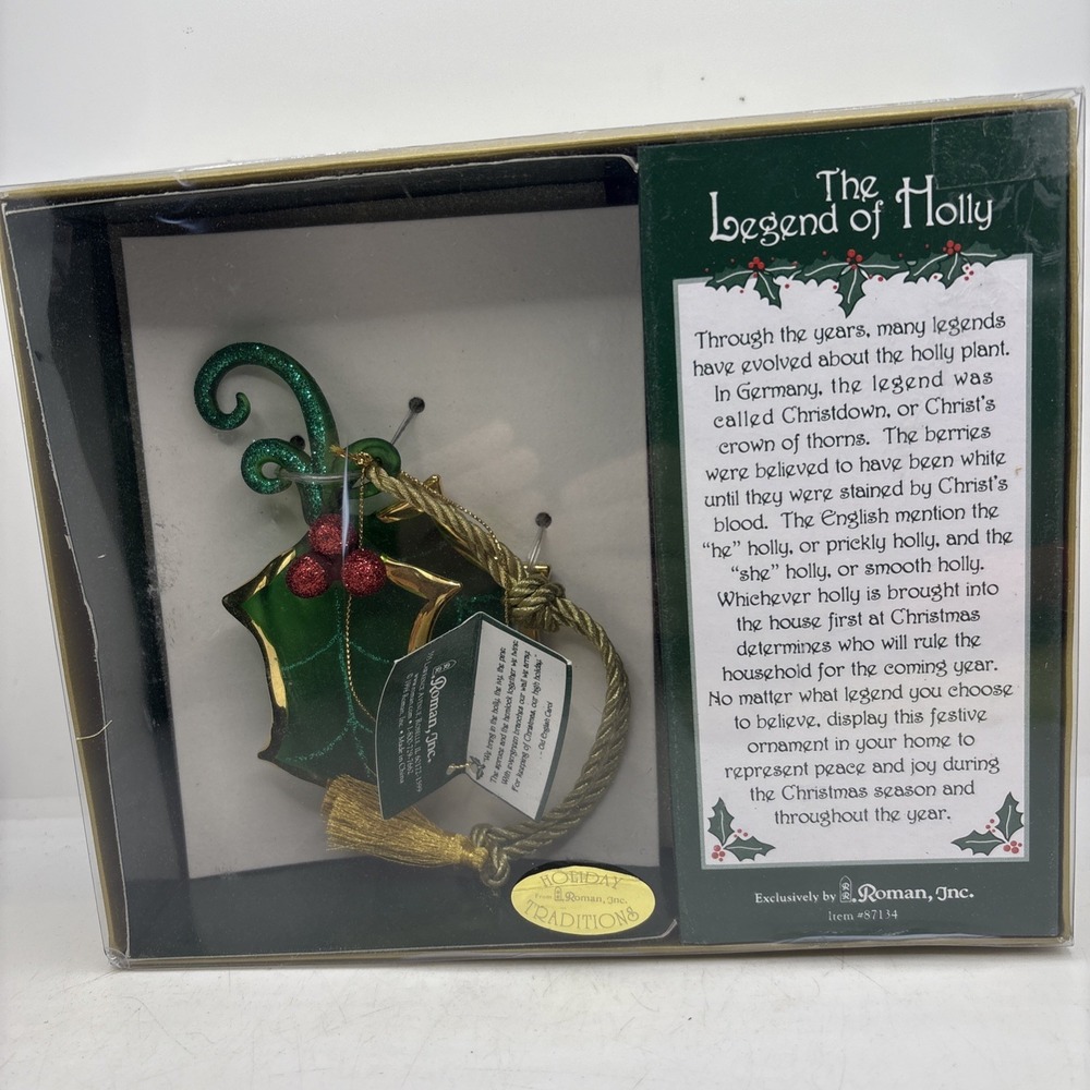 Vtg‎ Roman Holiday Traditions Glass Holly Christmas Ornament - 1998